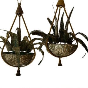 A PAIR OF 1950S MAISON BAGUES BOTANICAL PAINTED & GILT METAL 'FERN BASKET' CHANDELIERS