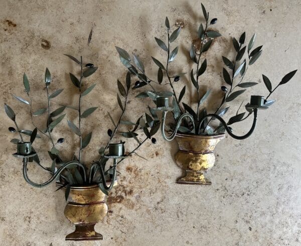 A PAIR OF VINTAGE HAND PAINTED TOLE 'POTTED OLIVE TREE' SCONCES, 1950s