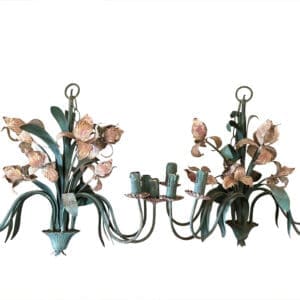 A PAIR OF UNUSUAL PAINTED TOLE 'FLOWERING IRIS' PENDANTS/WALL LIGHTS, ITALIAN, 1960s