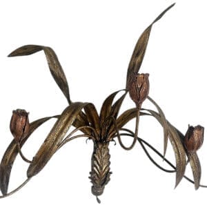 A LARGE & DECORATIVE GILT & PAINTED TOLE 'LEAFY TULIP' APPLIQUE, SPANISH, 1950s/60s